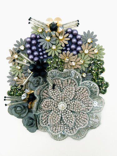 Grey Hand Embroidered Floral Applique With Beads, Rhinestones,Bugle Beads